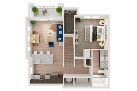 Floor plan for 1 bed, 1 bath, 743 sqft